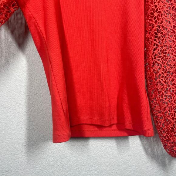Maeve Small Lace Crochet Sleeve Top Red Cotton Blend Rib Scoop Neck - Picture 5 of 11